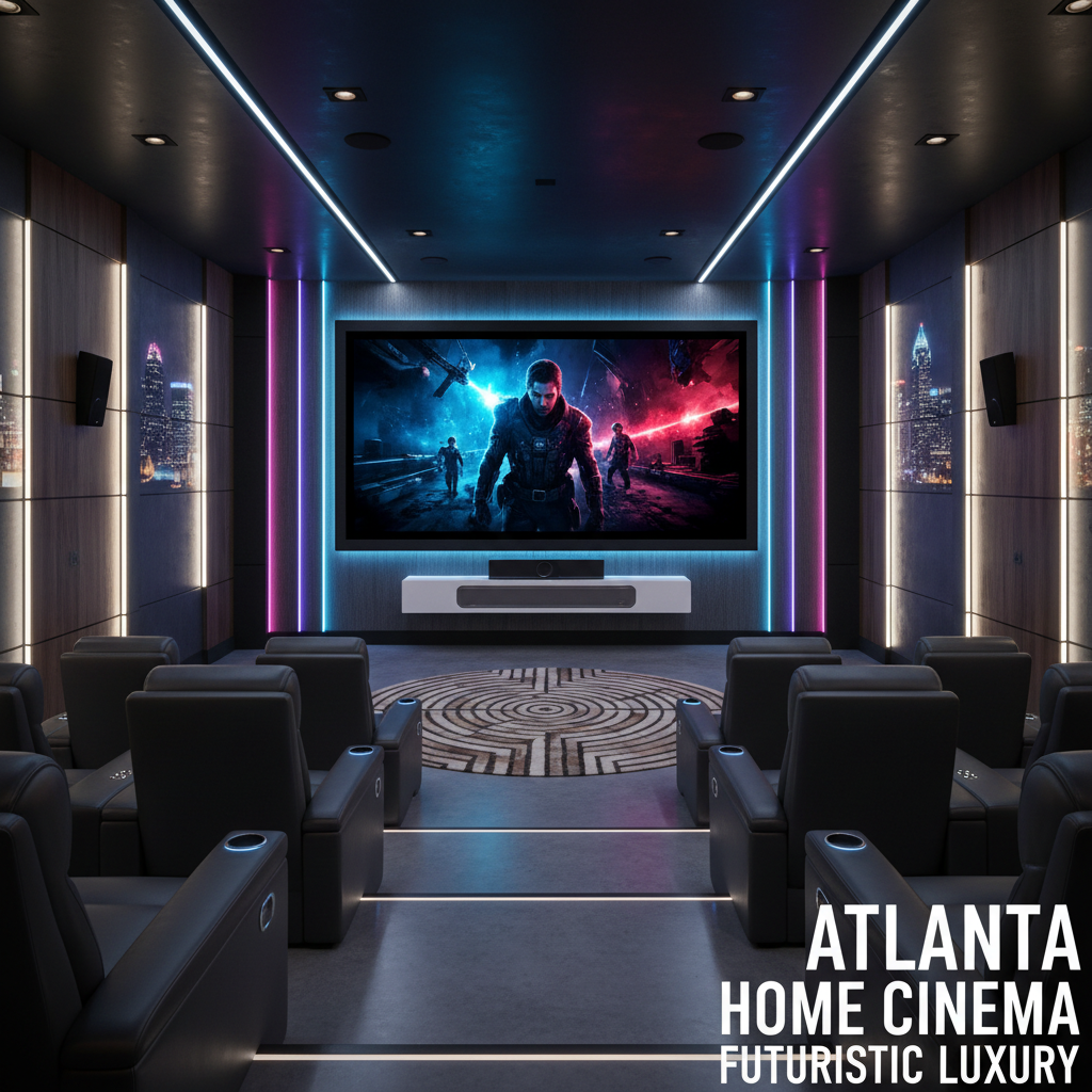Modern Atlanta home theater featuring a 98-inch wall-mounted TV with ambient backlighting and minimalist soundbar setup