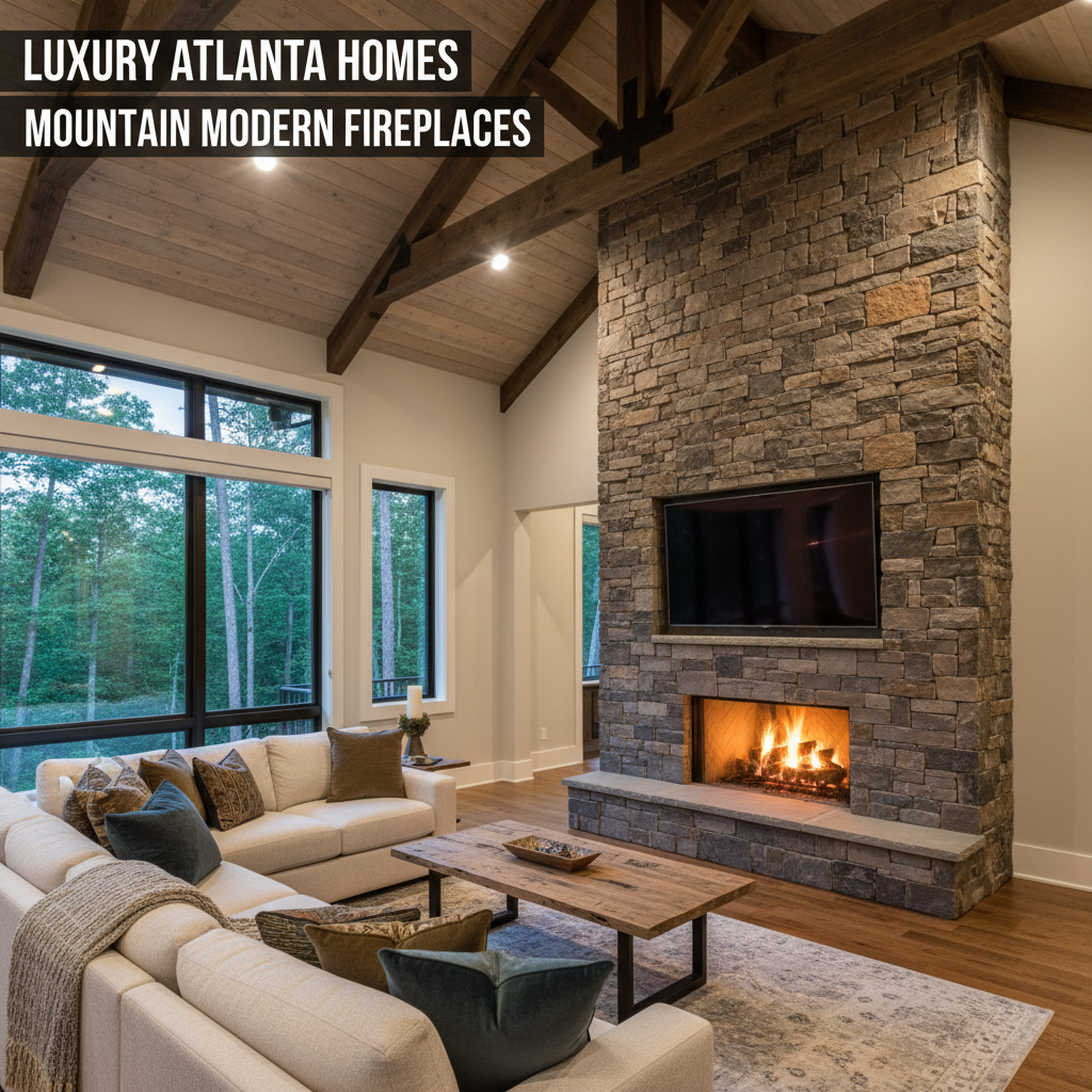 Large flat-screen TV mounted on a natural rock fireplace in a luxury Atlanta home with warm fire glow