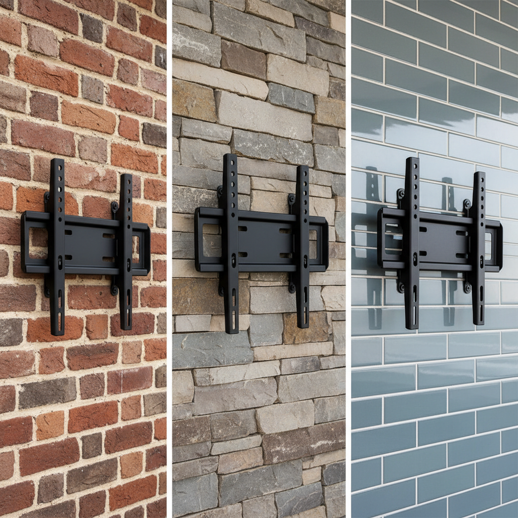Side-by-side close-up of a TV mount being installed on glossy tile on the left and red brick fireplace on the right