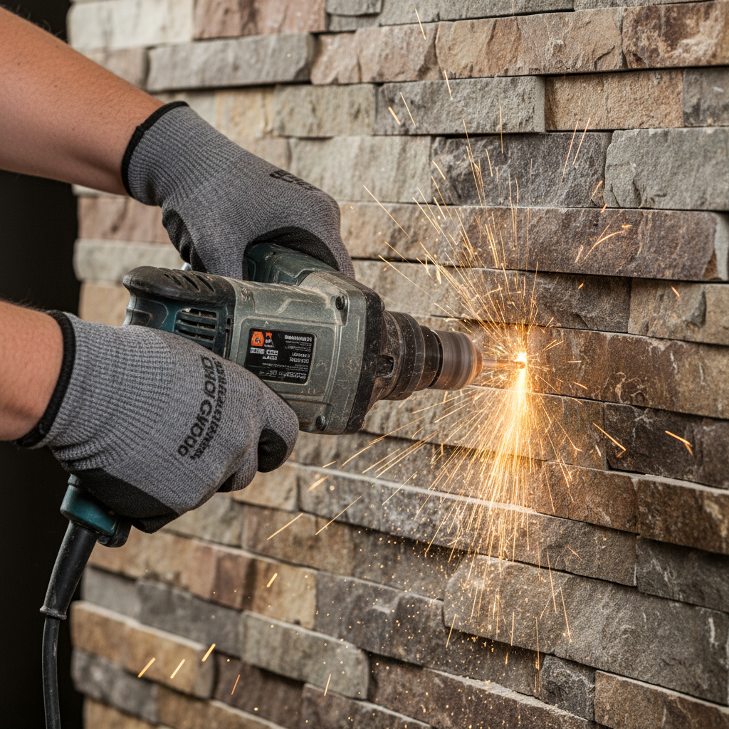 Professional installer using a hammer drill with diamond bit on natural stacked stone fireplace surface in Marietta