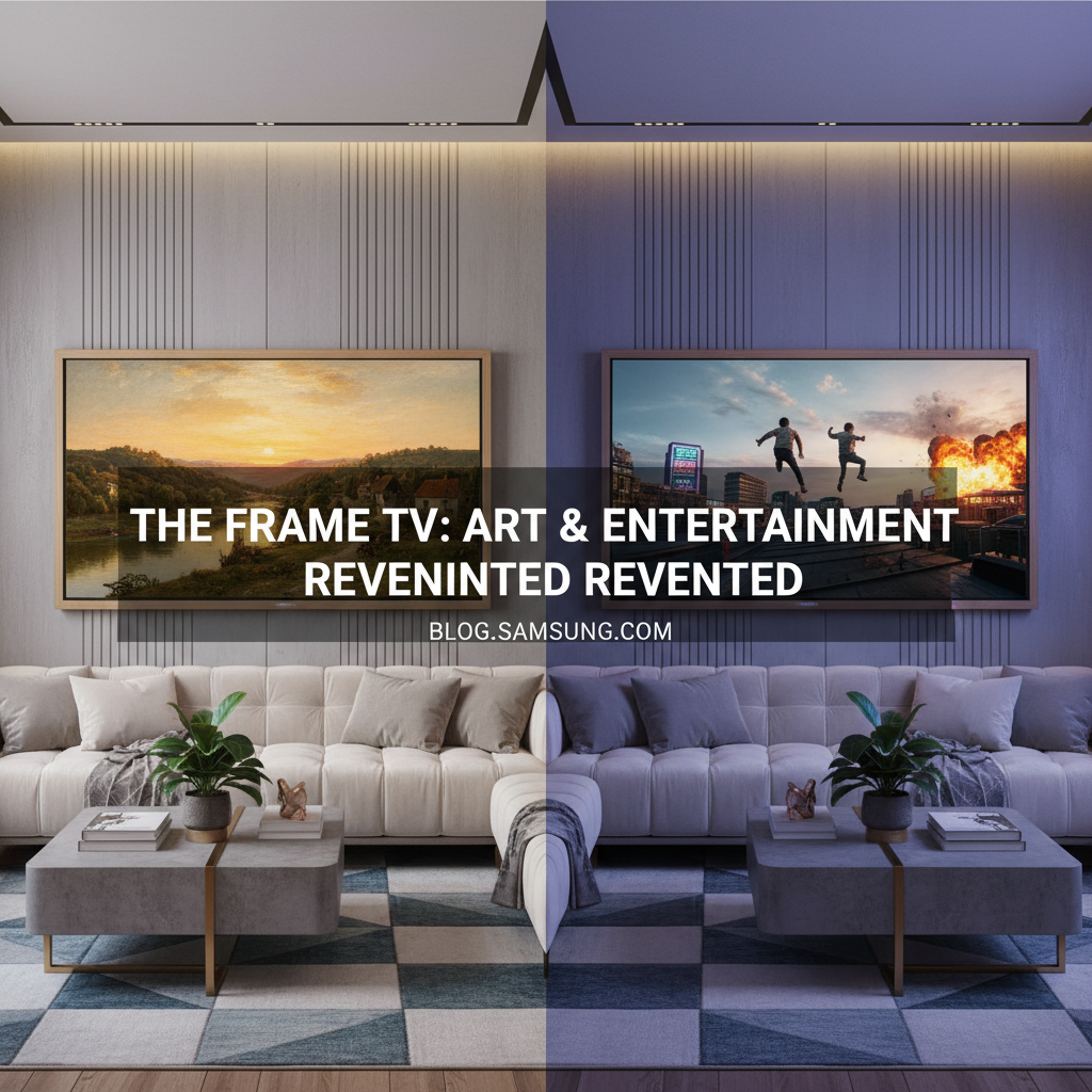 Samsung Frame TV displayed in art mode on a designer living room wall showing classic artwork