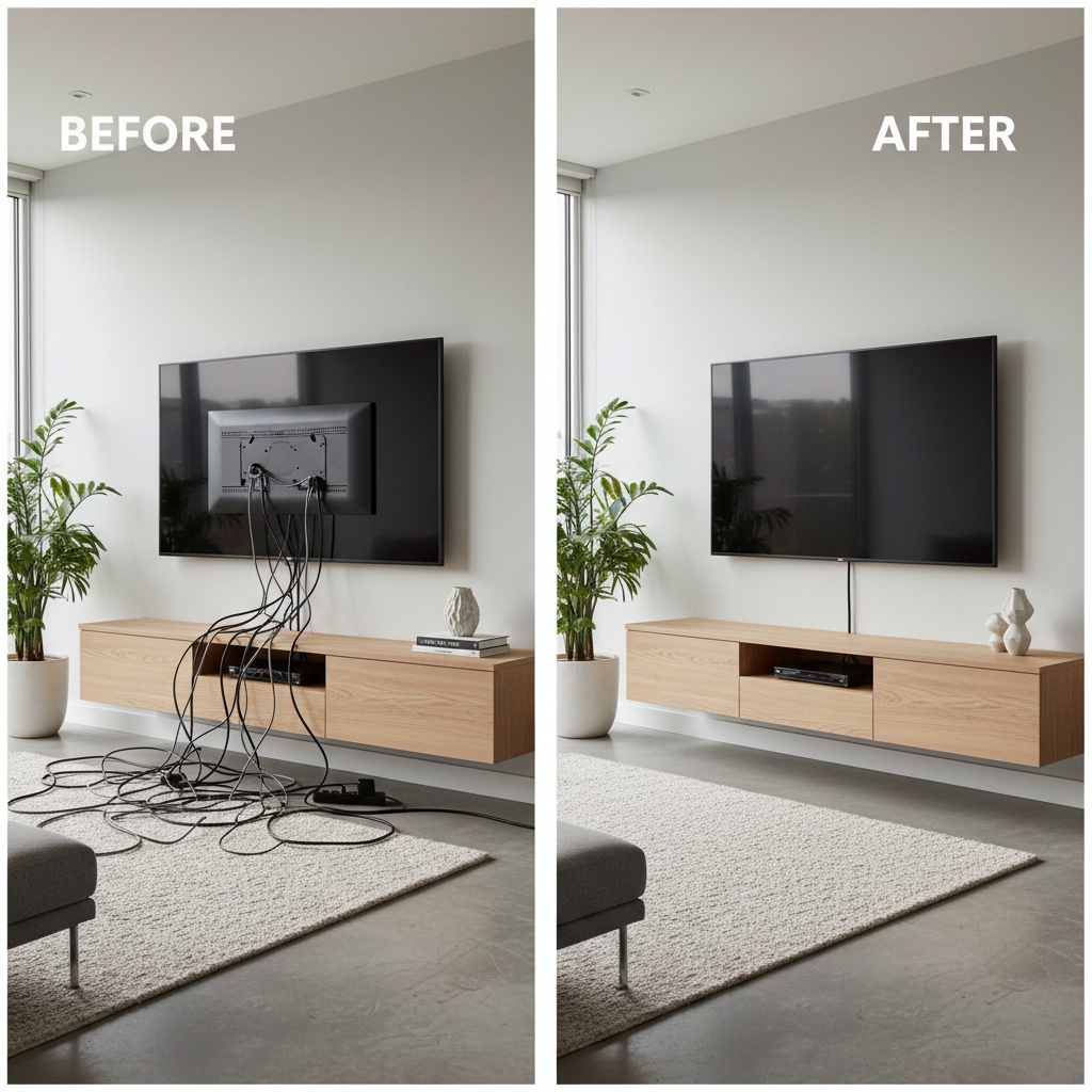 Professional cable management installation showing clean TV wall mount with all wires concealed inside wall