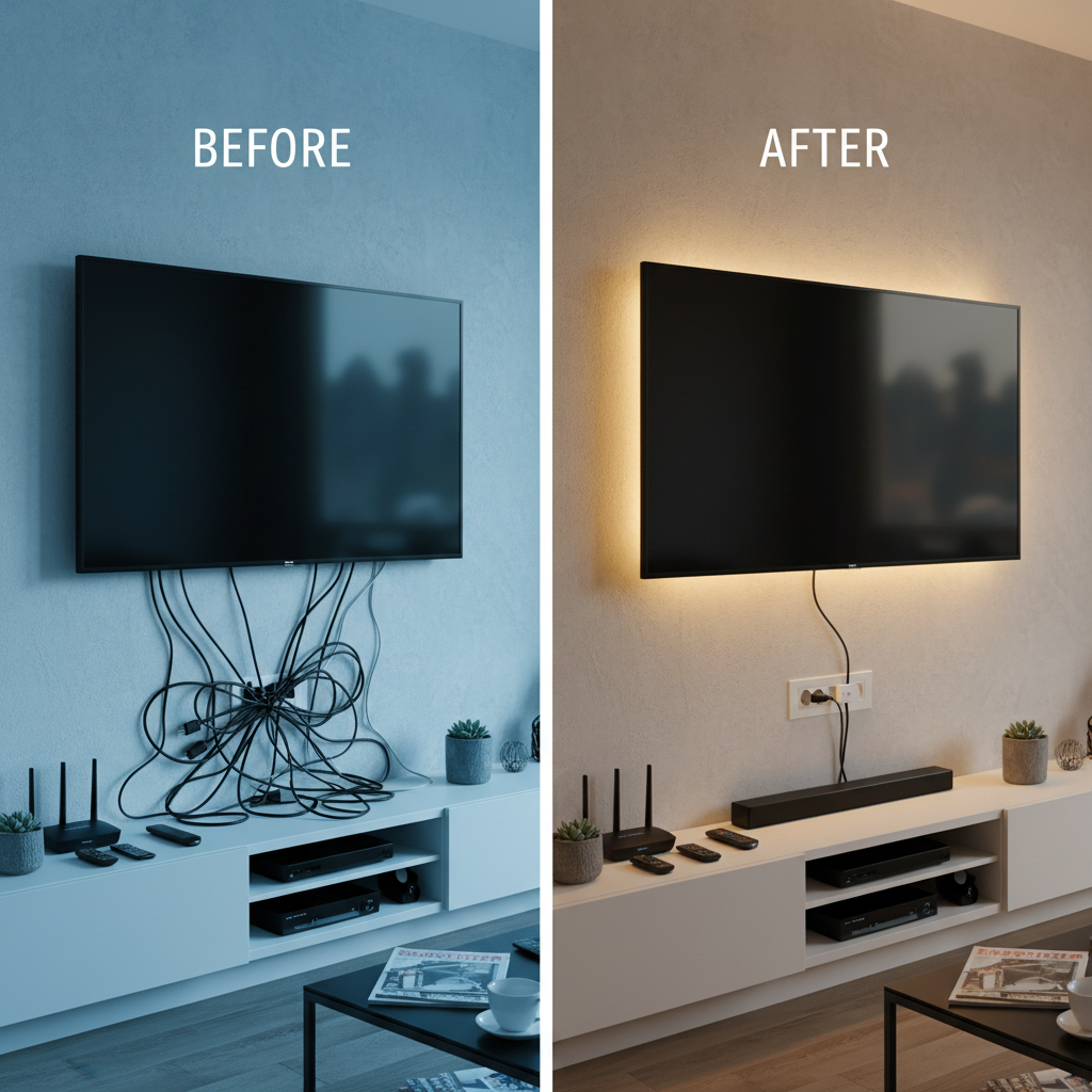 Modern open-concept Atlanta living room with a flush-mounted TV and zero visible cables on the wall