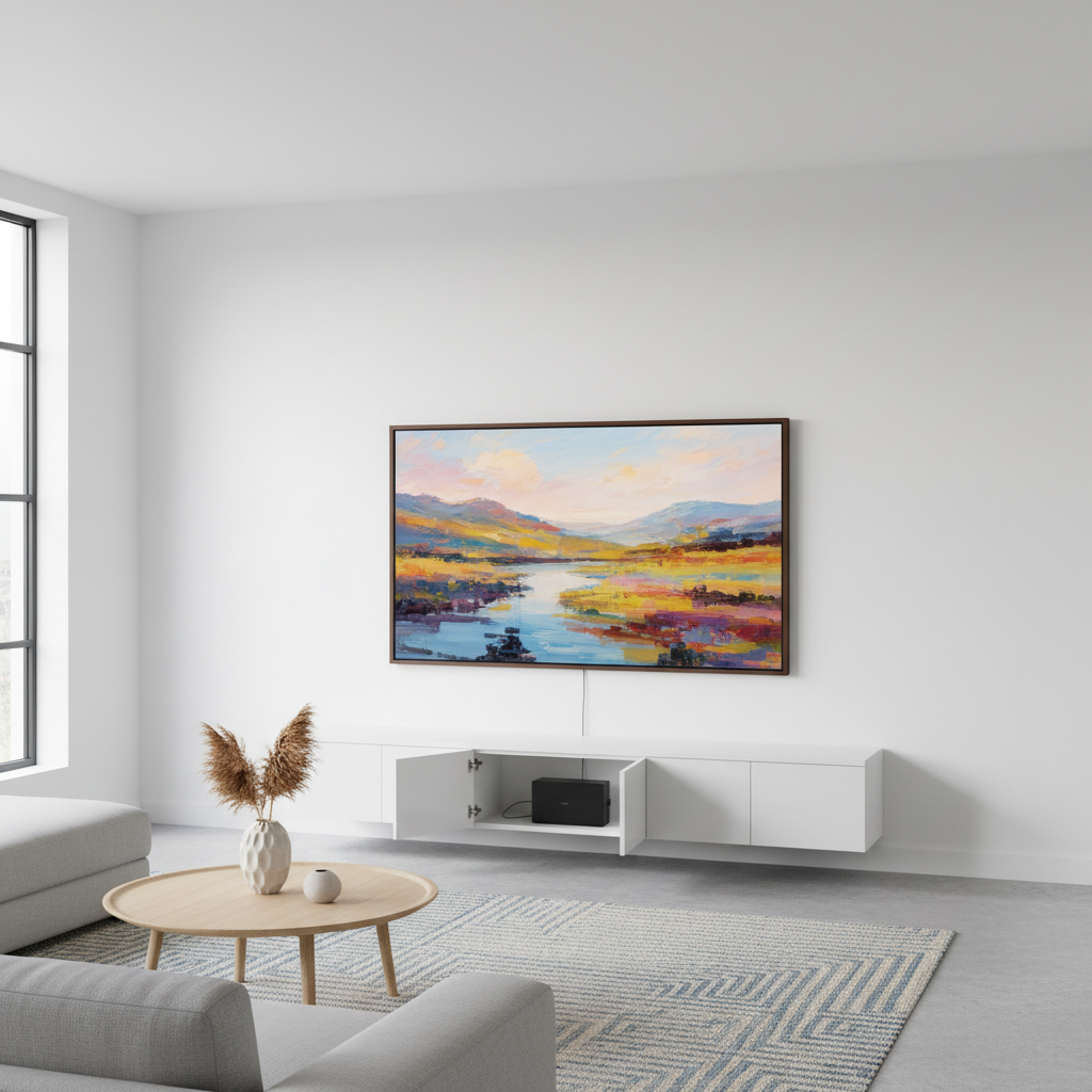 Samsung Frame TV mounted flush on a wall with the One Connect Box hidden inside a media cabinet below