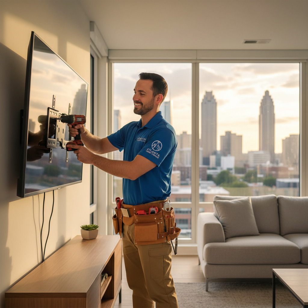 Friendly local Atlanta TV mounting technician installing a flat-screen TV in a modern Metro Atlanta living room