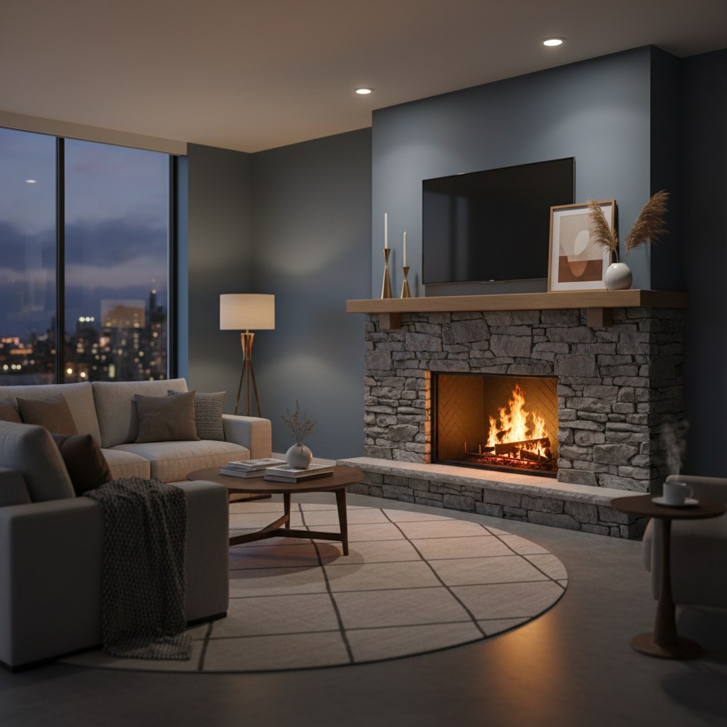 Professional installer mounting large screen TV above brick fireplace with MantelMount articulating bracket system