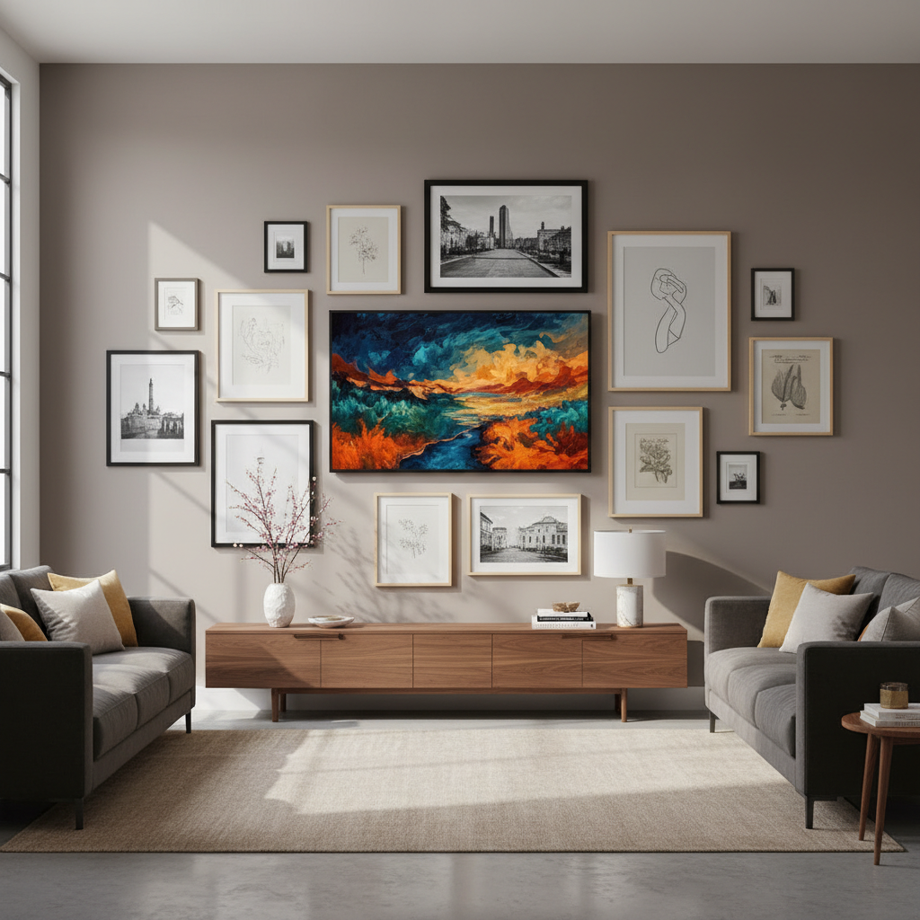 Samsung Frame TV displayed in art mode mounted flush on a designer living room wall in Sandy Springs Georgia