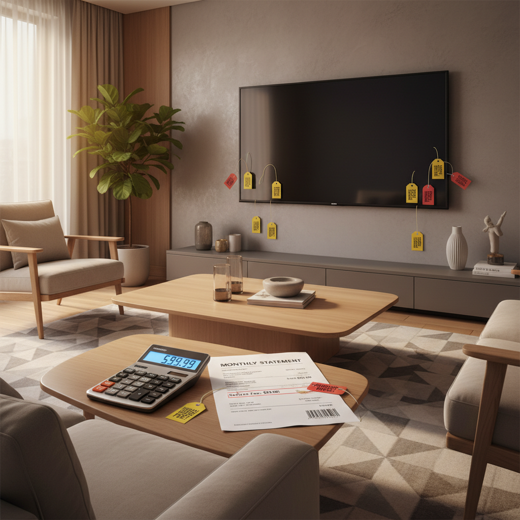 Calculator and itemized invoice next to a wall-mounted TV illustrating Geek Squad TV installation fees