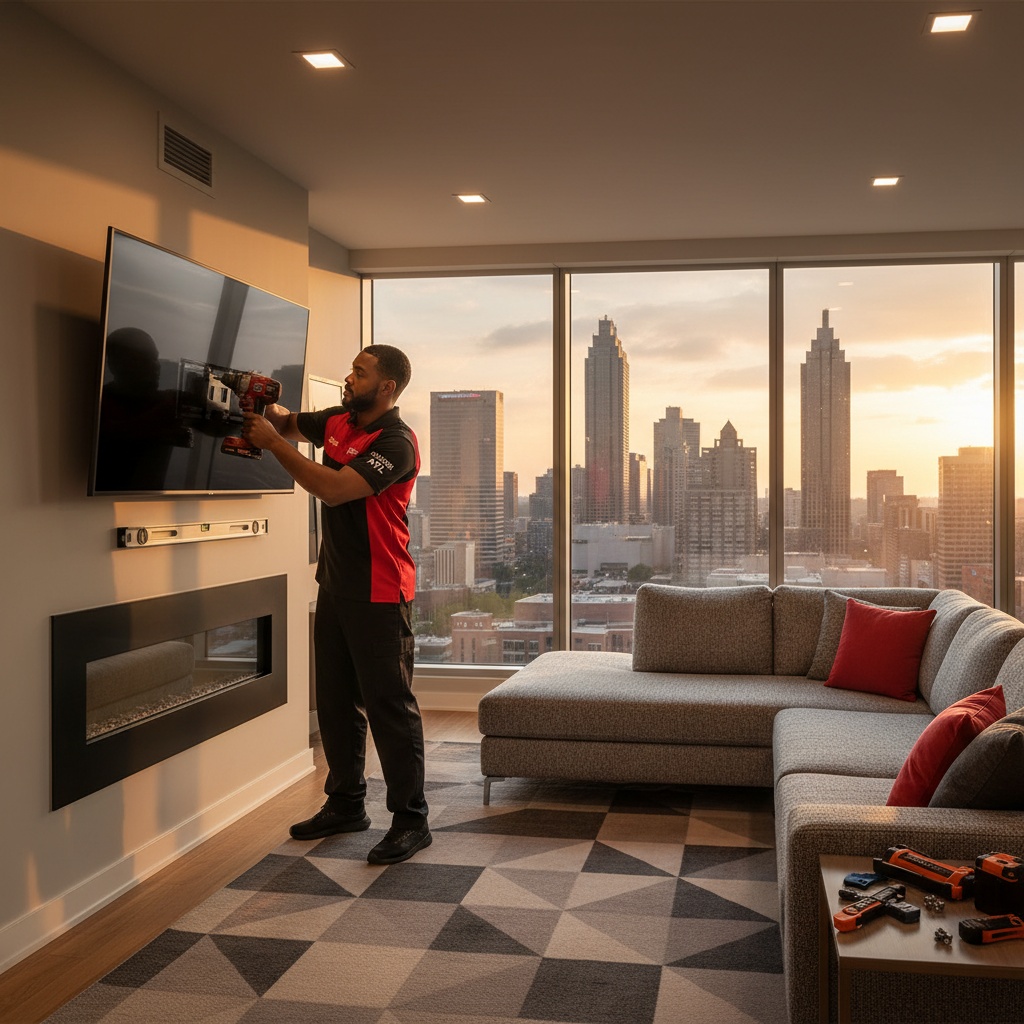 Professional TV Mount Men technician in branded uniform installing a flat-screen TV in an Atlanta living room