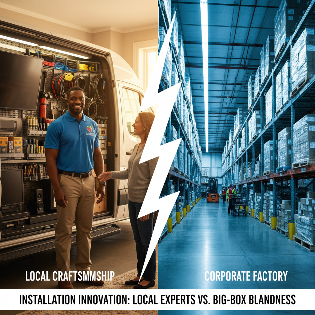 Side-by-side conceptual image comparing a local Atlanta TV installer and a big-box electronics store warehouse
